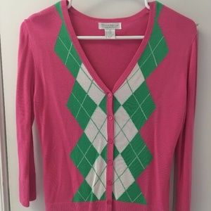 Argyle Buttoned Sweater Poppy Pink Green Rayon